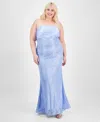 City Studios Trendy Plus Size Lace Bow-back Gown In Med Blue