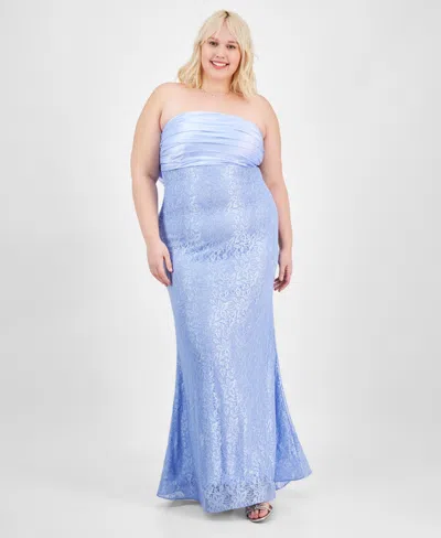 City Studios Trendy Plus Size Lace Bow-back Gown In Med Blue