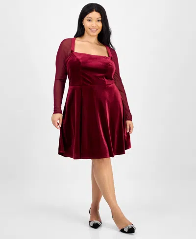City Studios Trendy Plus Size Mesh-sleeve Velvet Fit & Flare Dress In Burgundy