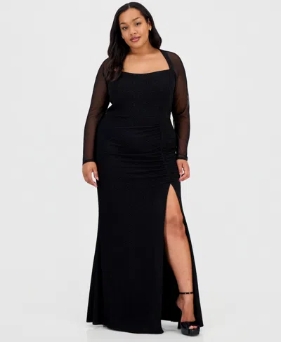 City Studios Trendy Plus Size Mesh-sleeve High-slit Gown In Black