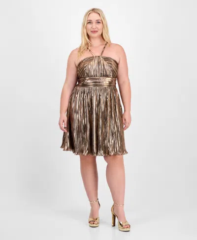 City Studios Trendy Plus Size Metallic Foil Pleated Fit & Flare Dress In Gold