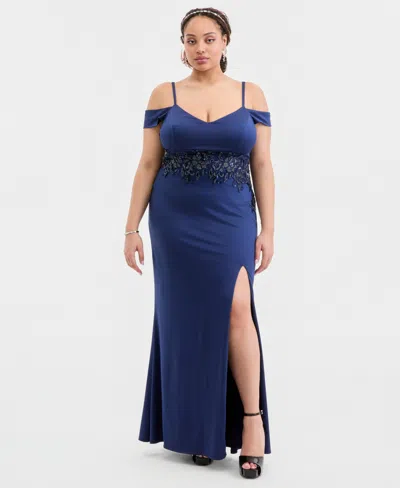 City Studios Trendy Plus Size Off-the-shoulder Embellished Gown In Blue