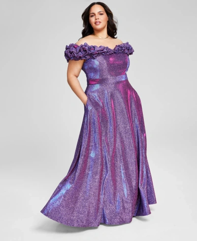 City Studios Trendy Plus Size Off-the-shoulder Glitter Gown In Grape