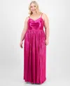 City Studios Trendy Plus Size Pleated Metallic Sleeveless Gown In Dark Pink