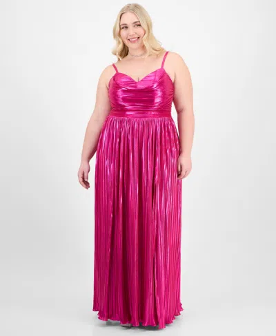 City Studios Trendy Plus Size Pleated Metallic Sleeveless Gown In Dark Pink