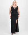 City Studios Trendy Plus Size Rhinestone-trim V-neck Sleeveless Gown In Black