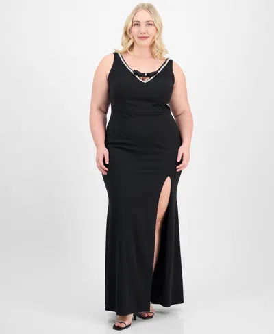 City Studios Trendy Plus Size Rhinestone-trim V-neck Sleeveless Gown In Black