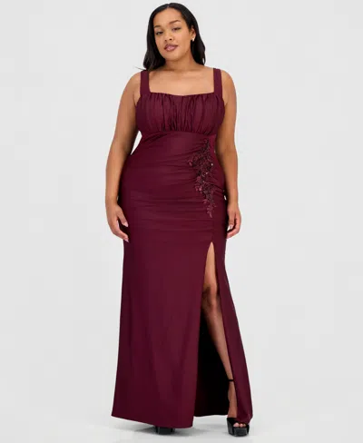City Studios Trendy Plus Size Ruched Satin Applique Gown In Oxblood