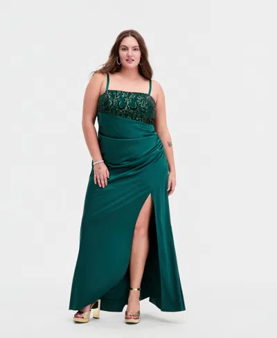 City Studios Trendy Plus Size Satin Ruched Sequin Gown In Green