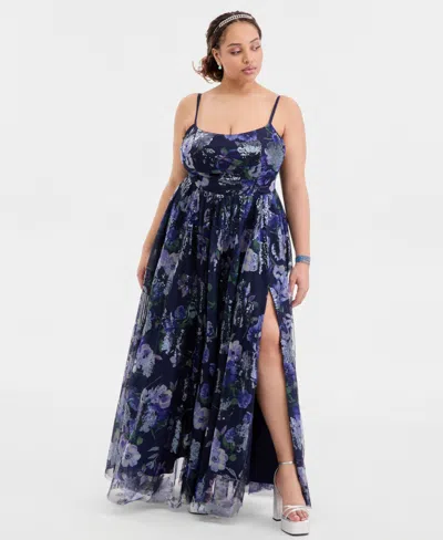City Studios Trendy Plus Size Sequined Floral Ball Gown In Blue