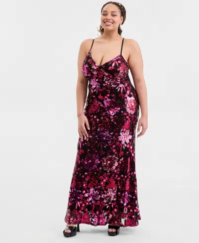City Studios Trendy Plus Size Sequined Lace-up-back Gown In Multi