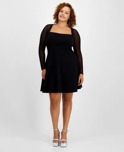 City Studios Trendy Plus Size Square-neck Back-cutout Dress In Black