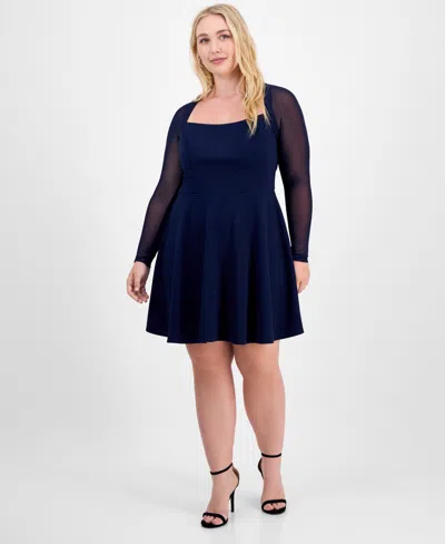 City Studios Trendy Plus Size Square-neck Back-cutout Dress In Blue