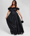 City Studios Trendy Plus Size Tulle-trim Off-the-shoulder Gown, Created For Macy's In Black