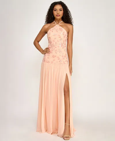 City Studios Women's Halter Sequin Chiffon Maxi Dress In Pink
