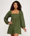 City Studios Women's Pleated Tie Back Long-sleeve Baby Doll Dress In Green
