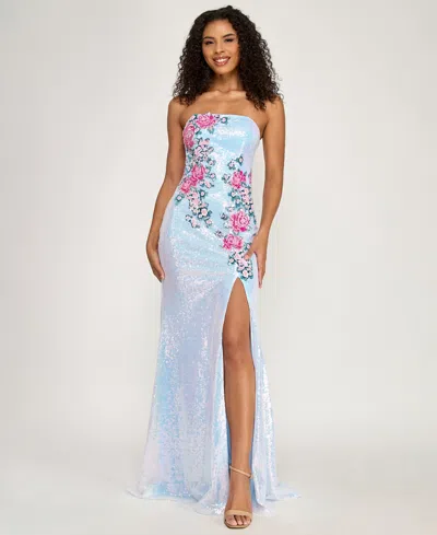 City Studios Women's Strapless Floral Applique Sequin Maxi Dress In Blue Multi