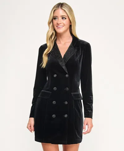 City Studios Women's Velvet Short Collar Tuxedo Blazer Dress In Black