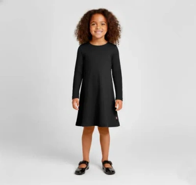 City Threads Girl's Soft 100% Cotton Baby Rib Long Sleeve Dress In Black