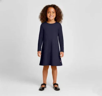 City Threads Girl's Soft 100% Cotton Baby Rib Long Sleeve Dress In Blue