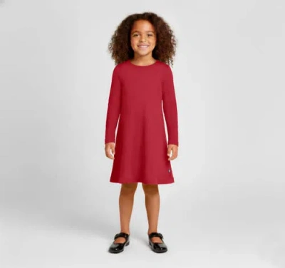 City Threads Kids'  Girl's Soft 100% Cotton Baby Rib Long Sleeve Dress In Red