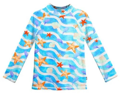 City Threads Kids'  Girls Upf 50+ Printed Long Sleeve Rashguard Tee In Blue