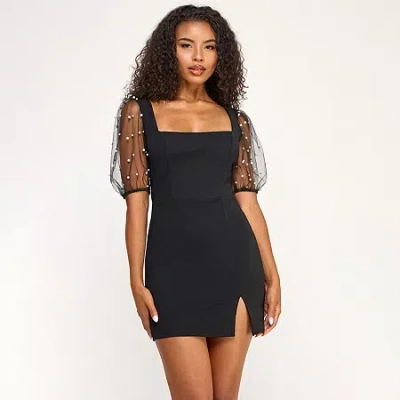 City Triangle Womens Juniors Elbow Sleeve Pearl Trim Bodycon Dress In Black