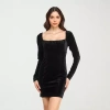 City Triangle Womens Juniors Long Sleeve Velvet Bodycon Dress In Black