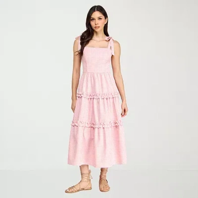 City Triangle Womens Juniors Sleeveless Midi Gingham A-line Dress In Pink