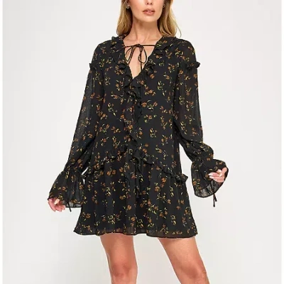 City Triangle Womens Long Sleeve Juniors Floral Babydoll Dress In Black