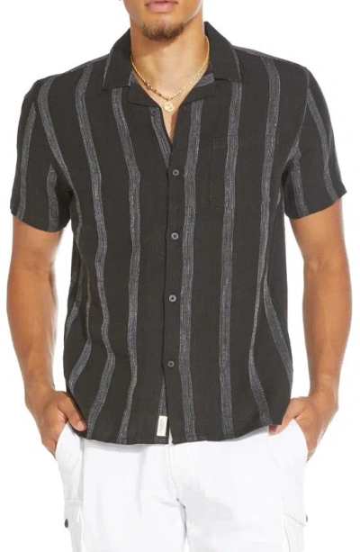 Civil Society Tonal Texture Short Sleeve Linen & Cotton Blend Button-up Shirt In Black