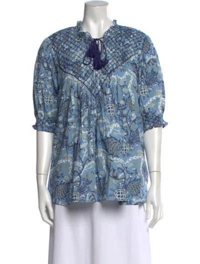 Pre-owned Ck Bradley Floral Print Tie Neck Blouse W/ Tags In Blue