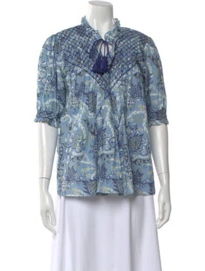 Pre-owned Ck Bradley Printed Tie Neck Top In Blue
