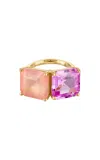 Claire Florence 18k Gold Band With Princess Cut Hot Pink Quartz & Rose Quartz Cocktail Ring