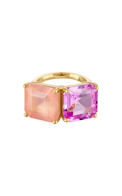 Claire Florence 18k Gold Band With Princess Cut Hot Pink Quartz & Rose Quartz Cocktail Ring In Pink