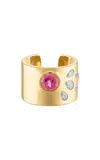Claire Florence 18k Solid Yellow Gold Cuff Ring With Round Cutpink Sapphire And Pear Shapednatural Diamonds In Pink