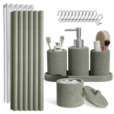 Clara Clark 19-piece Bathroom Accessory Set With Shower Curtain, Liner, Hooks & Vanity Essentials In Green