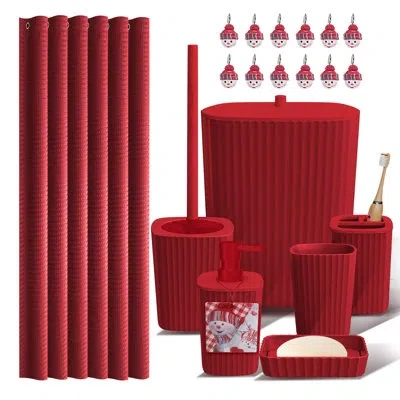 Clara Clark 19-piece Christmas Bathroom Accessories Set With Red Waffle Shower Curtain And Snowman Hooks