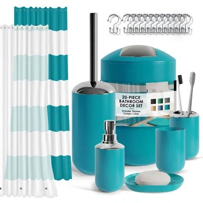 Clara Clark 20 Piece Complete Bathroom Accessory Set With Shower Curtain, Liner, And Hooks In Teal
