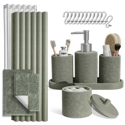 Clara Clark 21-piece Bathroom Accessory Set With Shower Curtain, Liner, Hooks & Chenille Bath Rugs In Green