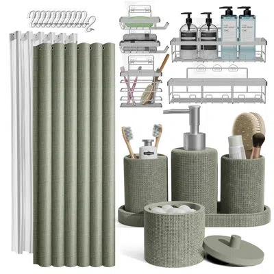 Clara Clark 24-piece Bathroom Accessory Set With Shower Curtain & Adhesive Shower Caddy Organizer In Green