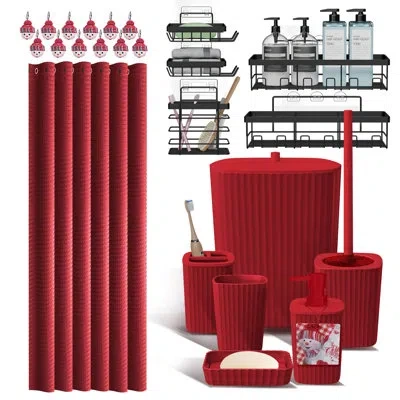Clara Clark 24-piece Christmas Bathroom Accessories Set With Red Waffle Shower Curtain And Shower Caddy