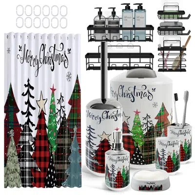 Clara Clark 24-piece Merry Christmas Tree Bathroom Accessories Set With 72" Waterproof Shower Curtain & 5-piece 