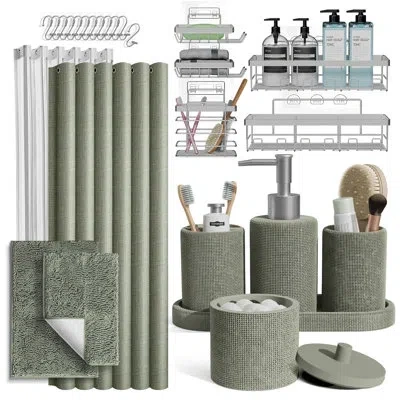 Clara Clark 26-piece Bathroom Accessory Set With Shower Curtain, Rugs & Adhesive Shower Caddy Organizer In Green
