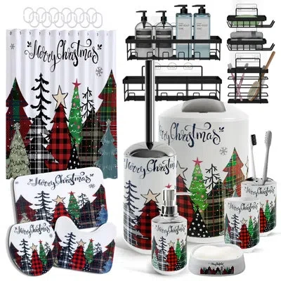 Clara Clark 27-piece Merry Christmas Bathroom Accessories Set With 72" Shower Curtain, 5-piece Adhesive Shower C