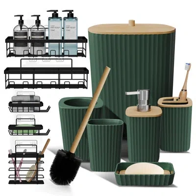 Clara Clark Complete 11 Piece Bathroom Accessory Set With Bamboo Accents, Trash Can, Toilet Brush & 5 Shower Cad In Hunter Green