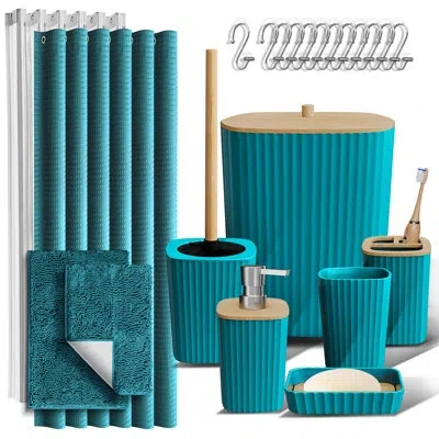 Clara Clark Complete 22 Piece Bathroom Accessory Set With Bath Rugs, Shower Curtain Set, Liner, And Hooks In Teal