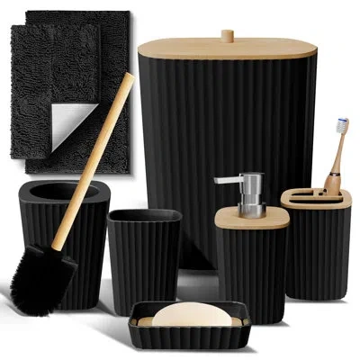 Clara Clark Complete 8 Piece Bathroom Accessory Set With Bamboo Accents, Trash Can, Toilet Brush & 2 Bath Rugs I In Black