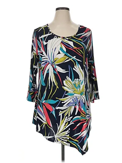 Pre-owned Clara Sun Woo 3/4 Sleeve Top Black Tropical Pattern Crew Neck Tops