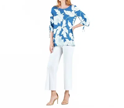 Clara Sunwoo Butter Knit Pull-tie Cuff Tunic In White Mum Print On Blue